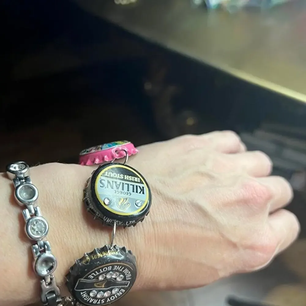Beer bottle cap embellished charm bracelet. Bud Light